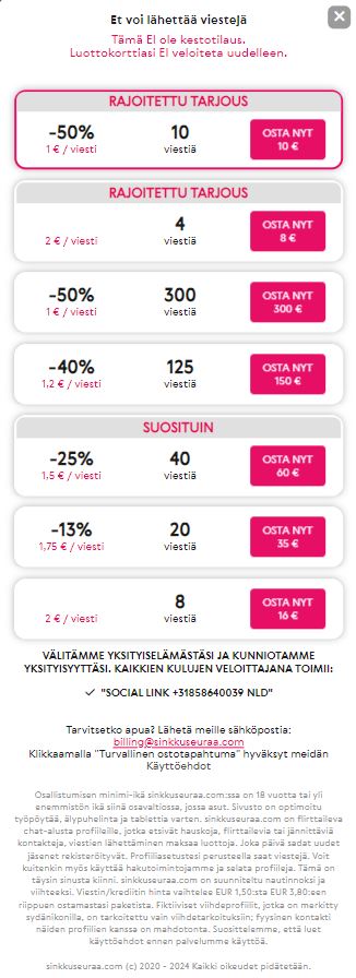 SinkkuSeuraa: Hinta / Kustannukset & Maksutavat